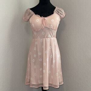No Boundaries Mesh Mini‎ Dress Girls M(7-9) Pink Daisy Cap Sleeves Smocked Back
